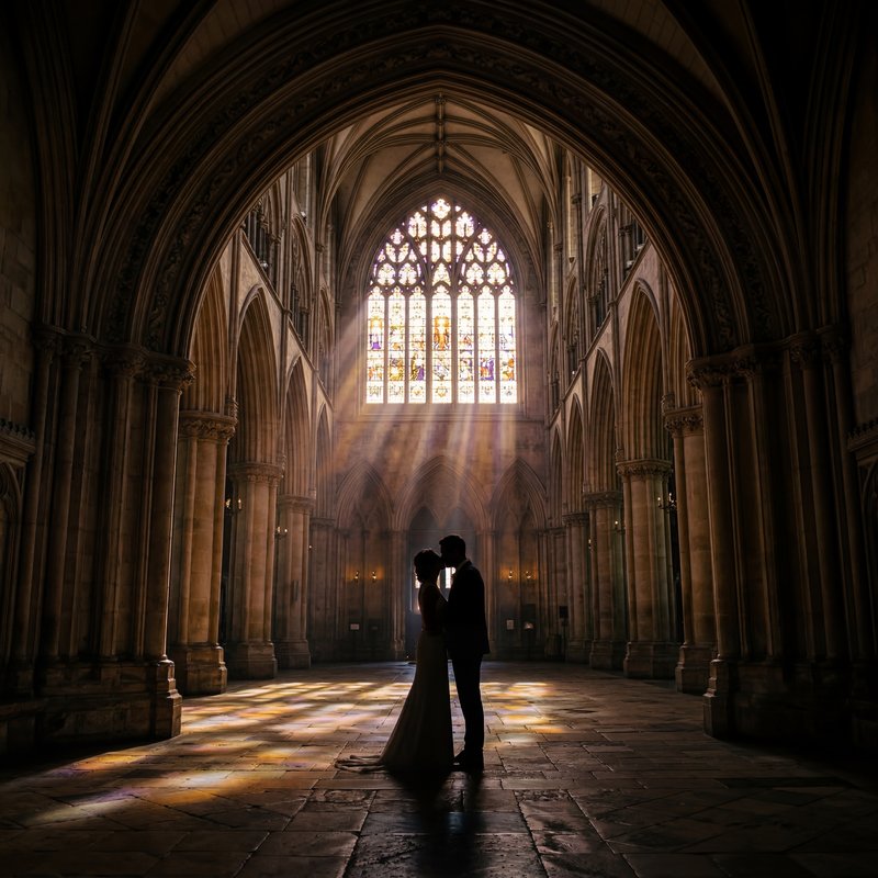 Couple shares a moment in a church with stained glass windows Premium Stock Photo - stock photo