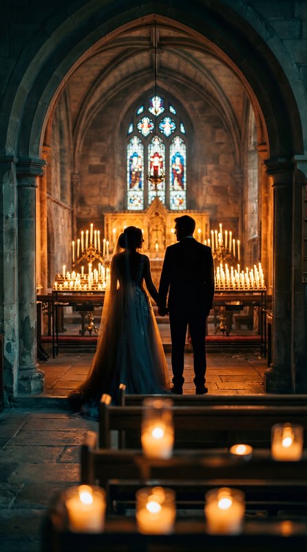 Couple stands together in a church during evening lights Premium Stock Image - stock photo