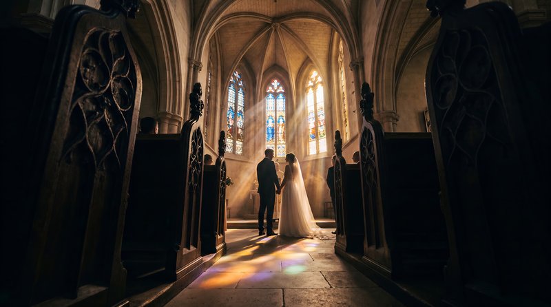 Couple stands in church with sunlight filtering through windows Premium Stock Image - stock photo