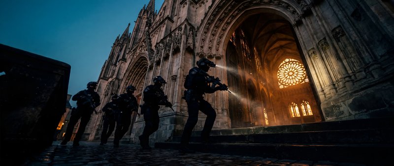 Police officers patrol outside a historic building during dusk Premium Stock Photo - stock photo