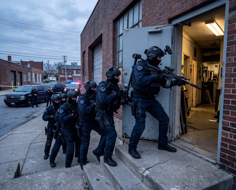 Police conduct operation in urban area with armed officers Premium Stock Photo - stock photo