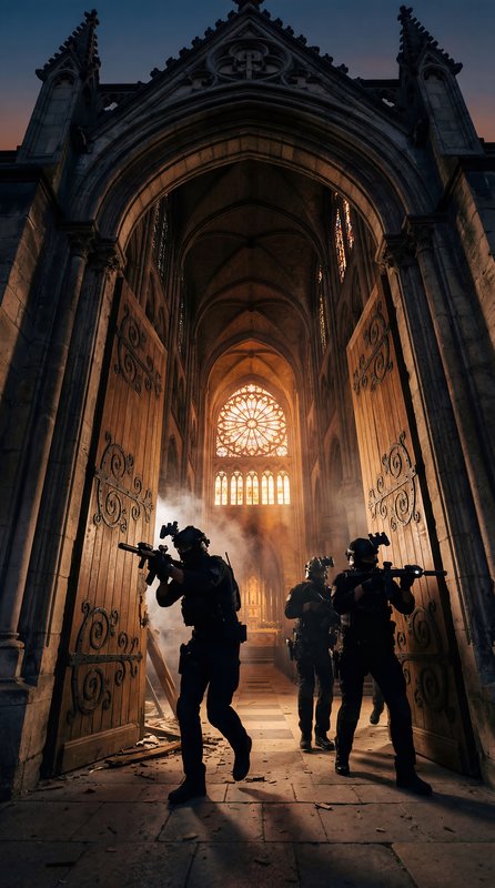 Police officers enter a building with tactical gear and weapons Premium Stock Photo - stock photo