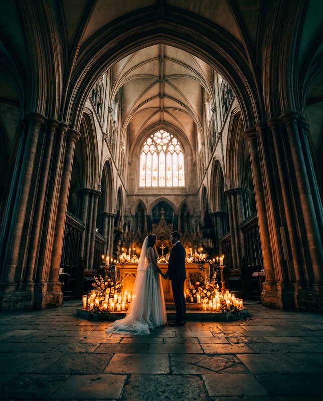 Couple exchanges vows in church surrounded by candles Premium Stock Image - stock photo