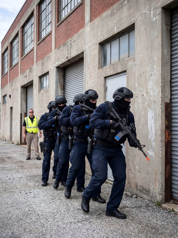 Team conducts training drill at industrial site in daylight Premium Stock Image - stock photo