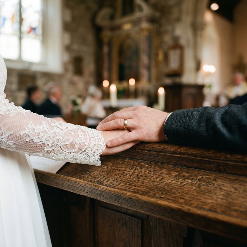 Couple holds hands during wedding ceremony in a church Premium Stock Photo - stock photo