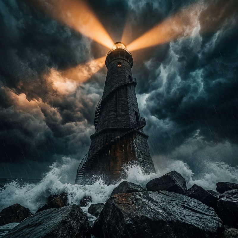 Stormy lighthouse guides ships through dark waters Premium Stock Photo - stock photo