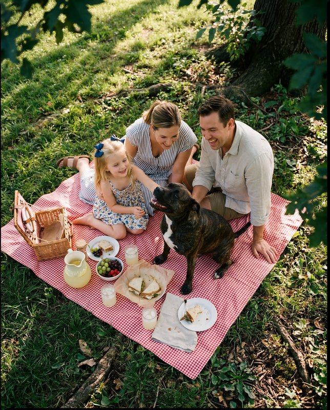 Family enjoys picnic under tree with dog on checkered blanket Premium Stock Photo - stock photo