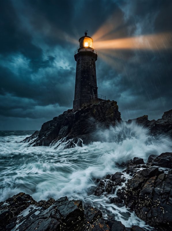 Lighthouse stands strong during stormy weather by the sea Premium Stock Image - stock photo