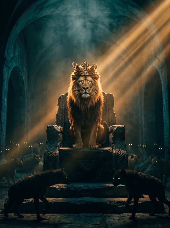 Lion sits on throne in dark hall with wolves around Premium Stock Photo - stock photo