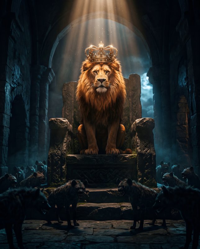 Lion sits on throne with crown surrounded by hyenas Premium Stock Image - stock photo