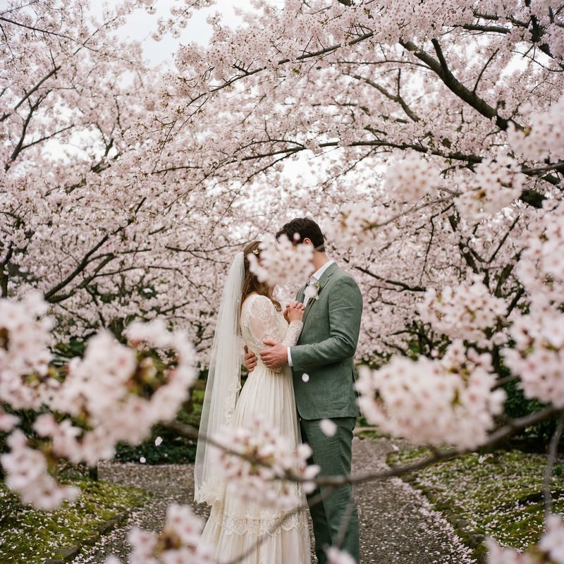 Couple stands together under cherry blossom trees in spring Premium Stock Photo - stock photo