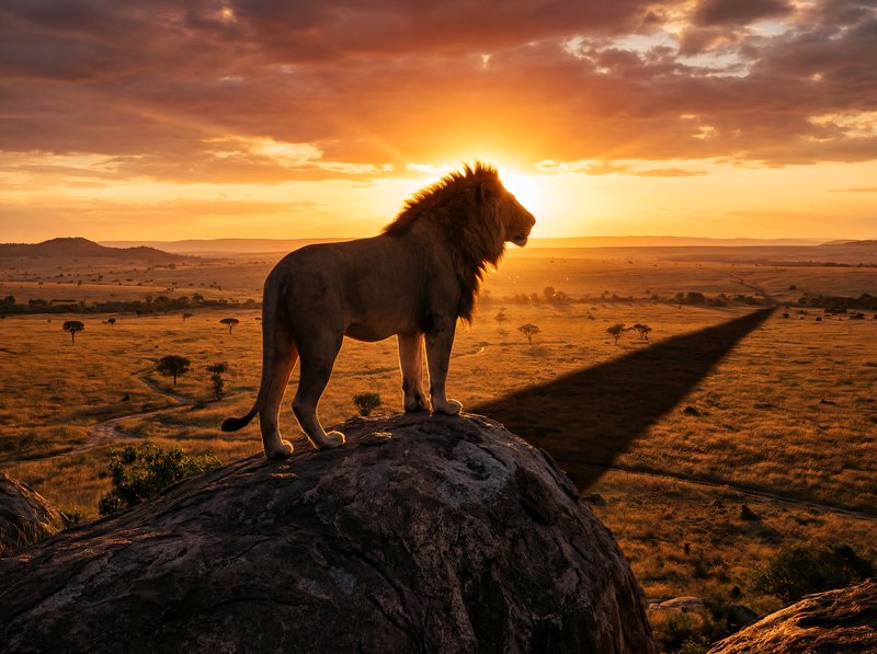 Lion stands on rock at sunset in the savannah Premium Stock Photo - stock photo