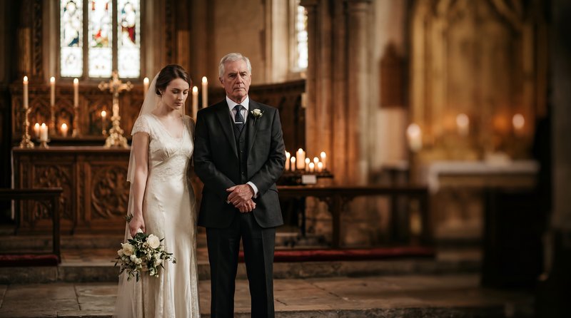 Father and daughter stand in a church during a wedding ceremony Premium Stock Photo - stock photo