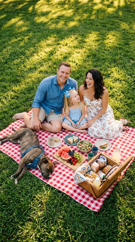 Family enjoys picnic in park with dog on sunny day Premium Stock Image - stock photo