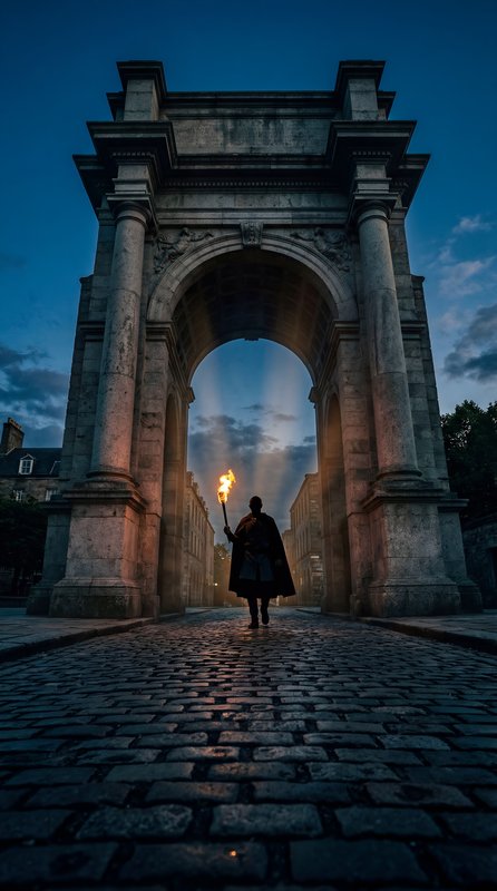 Walker holds torch near archway at dusk Premium Stock Photo - stock photo