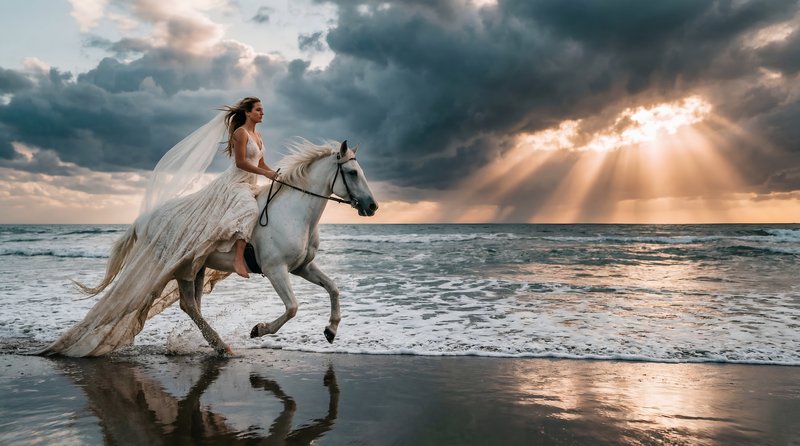 Bride rides a horse along the shore at sunset Premium Stock Image - stock photo