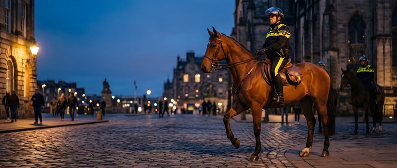 Nighttime police patrol on horseback in the city square Premium Stock Image - stock photo