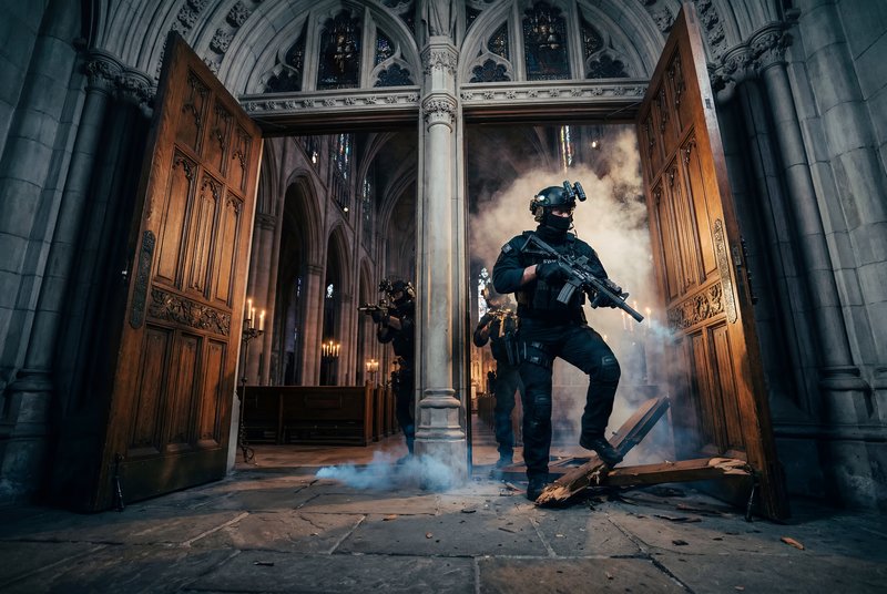 SWAT team enters building with force during tactical mission Premium Stock Photo - stock photo