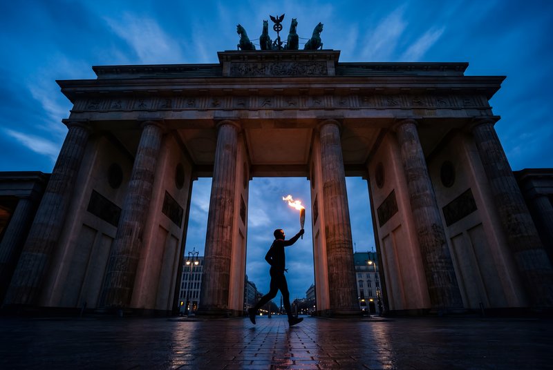 Torch bearer walks through Brandenburg Gate at dusk Premium Stock Photo - stock photo