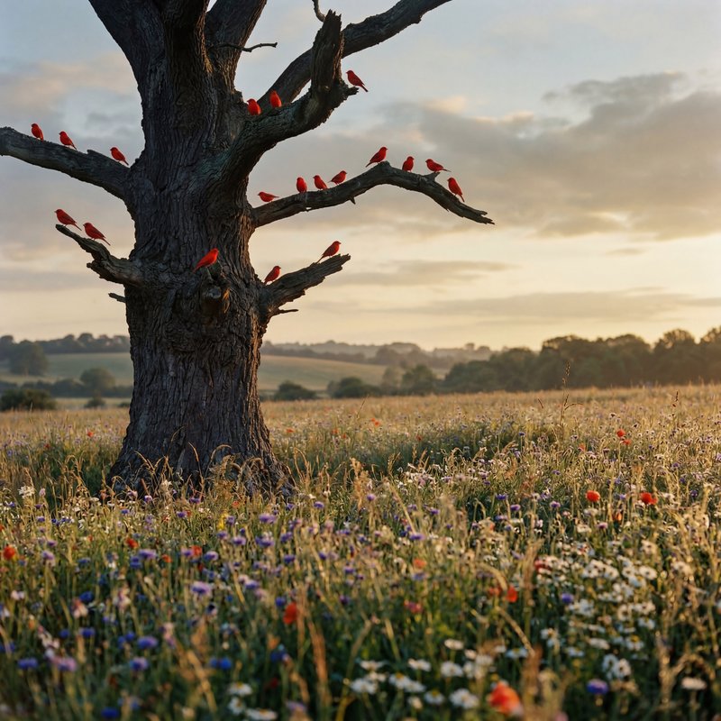 Birds perch on branches of a dry tree in a field at sunset Premium Stock Image - stock photo