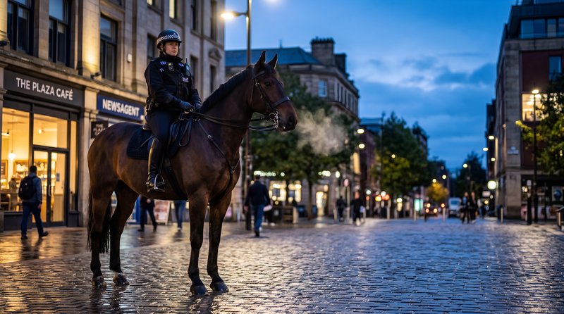Police officer on horseback patrols city street at night Premium Stock Photo - stock photo