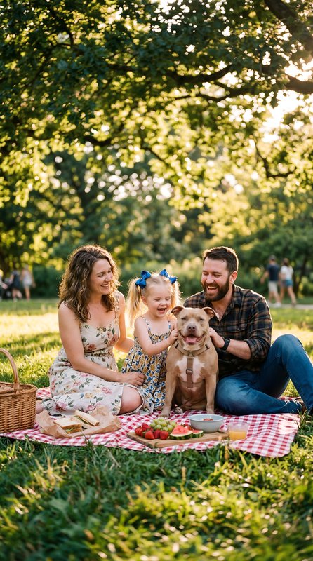 Family enjoys picnic with dog in park on sunny afternoon Premium Stock Photo - stock photo