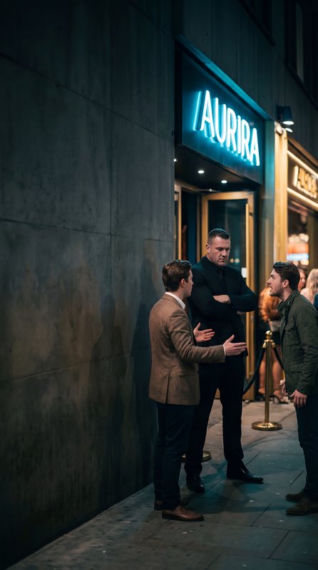 Three men talk outside Aurira at night in the city Premium Stock Photo - stock photo