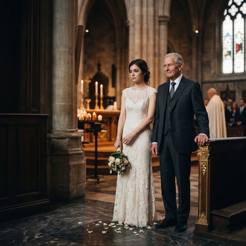 Bride and her father stand together in the church during wedding Premium Stock Photo - stock photo