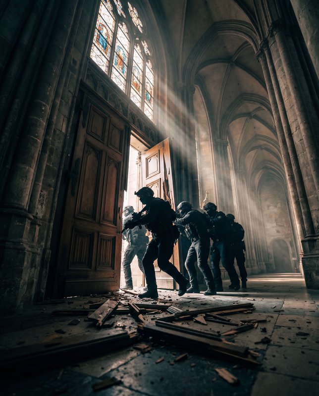 Police raid inside an old church during daytime hours Premium Stock Image - stock photo