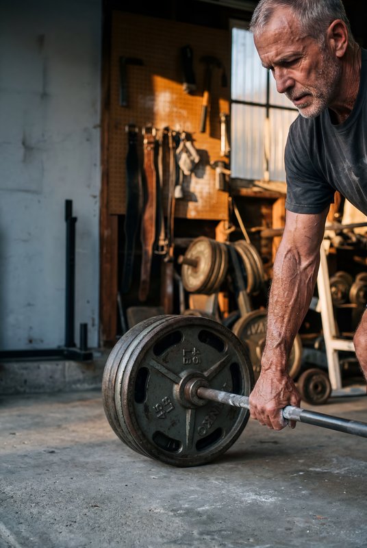 Man lifts weights in gym during evening workout session Premium Stock Image - stock photo