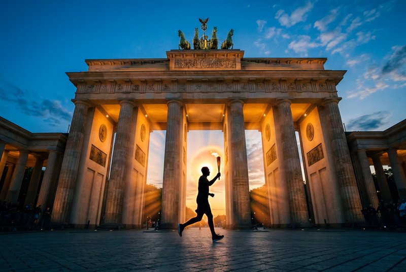 Runner passes through Brandenburg Gate during sunset Premium Stock Photo - stock photo