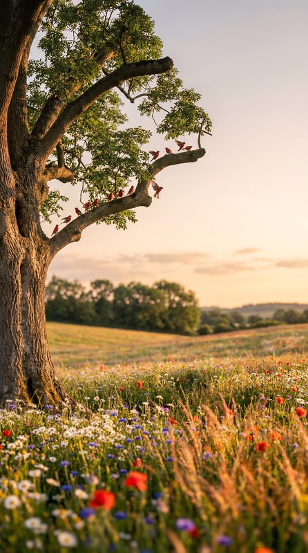 Birds sit on tree branches in a field at sunset Premium Stock Photo - stock photo