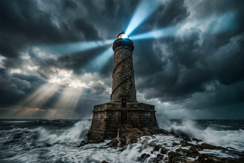 Stormy lighthouse with light beams over crashing waves Premium Stock Photo - stock photo