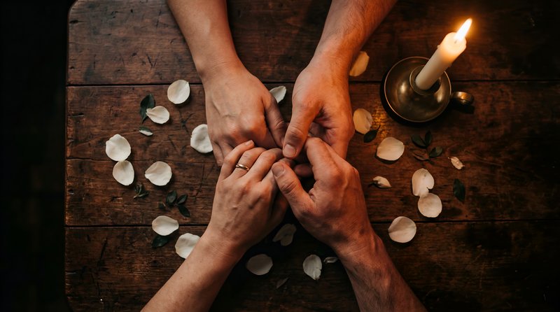 Couple holding hands with candlelight and rose petals Premium Stock Image - stock photo