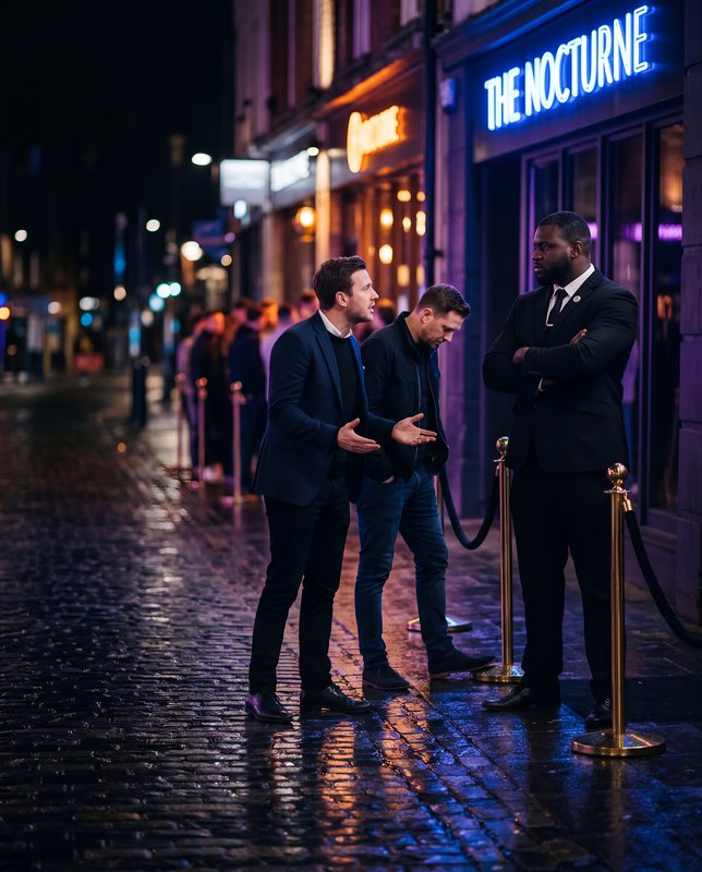 People talk outside a club while waiting in line for entry Premium Stock Photo - stock photo