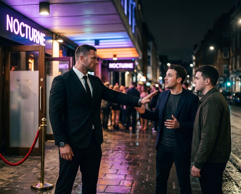 Security staff controls entry at nightclub during nighttime Premium Stock Photo - stock photo