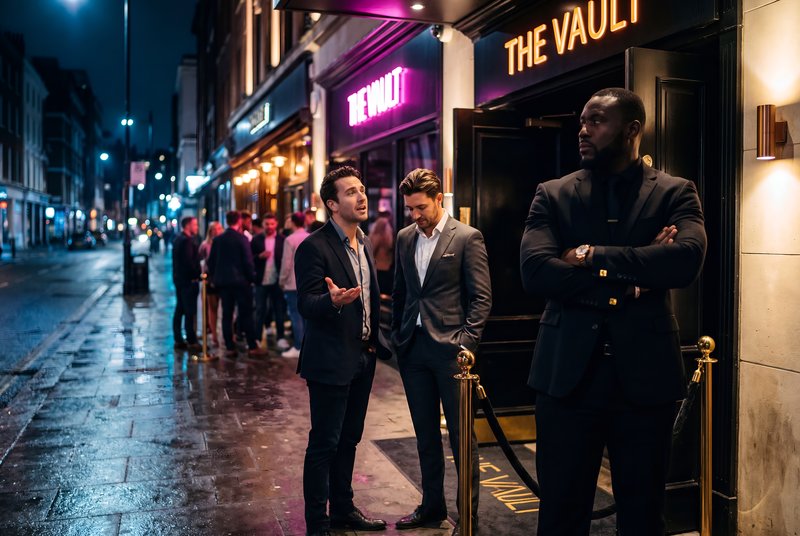 Men wait outside a club on a rainy night in the city Premium Stock Image - stock photo
