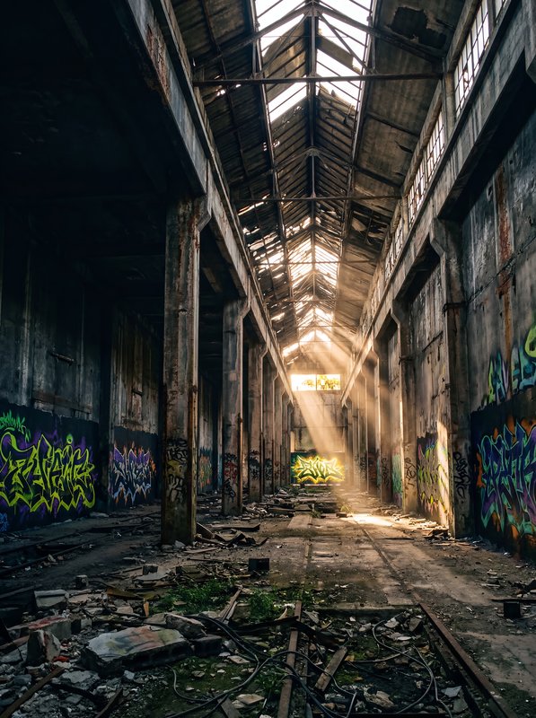 Sunlight streams into an abandoned warehouse with graffiti Premium Stock Photo - stock photo