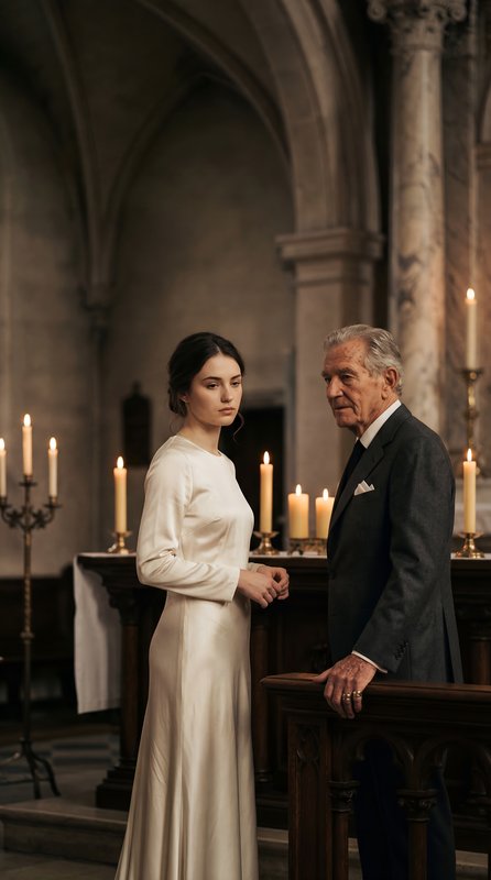 Couple stands by altar in church during evening gathering Premium Stock Image - stock photo