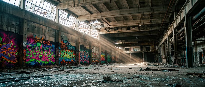 Urban art fills empty warehouse with colorful designs Premium Stock Photo - stock photo