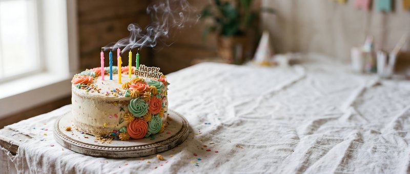 Birthday cake with candles at a celebration in a cozy room Premium Stock Photo - stock photo