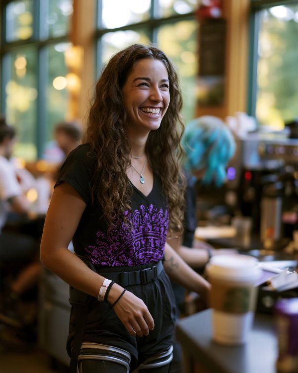 Laughing Student at Coffee Shop With Community Vibe, Daytime