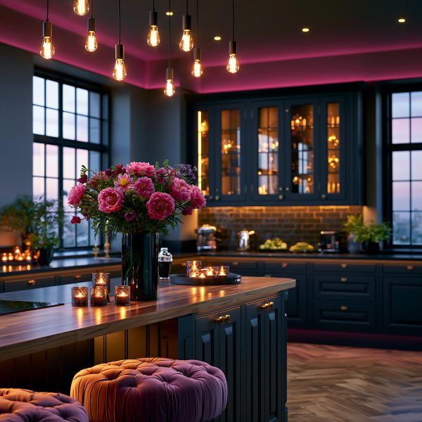 Black Luxury Kitchen With Flowers and Warm Lighting