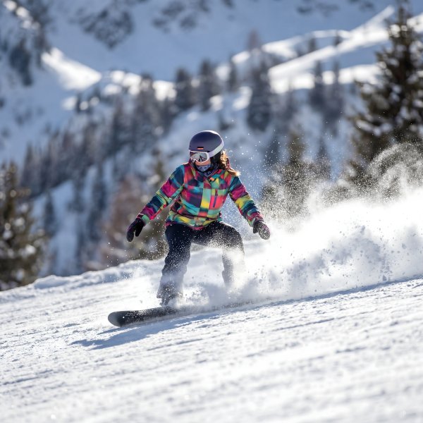 Snowboarder rides on snowy slope in mountain area during daytime - stock photo