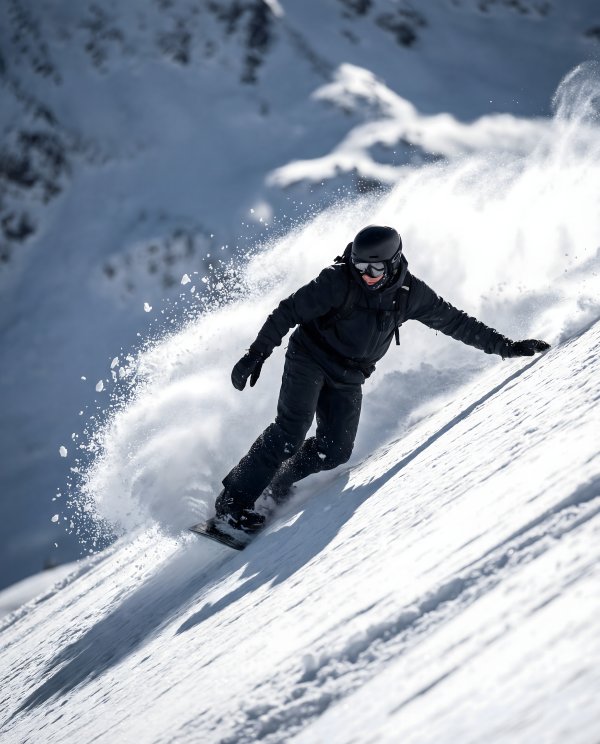 Snowboarder rides down snowy mountain slope on clear day - stock photo