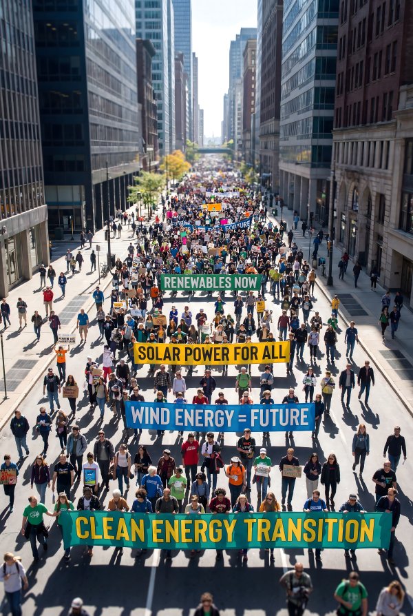 March for clean energy in city streets during daytime event - stock photo