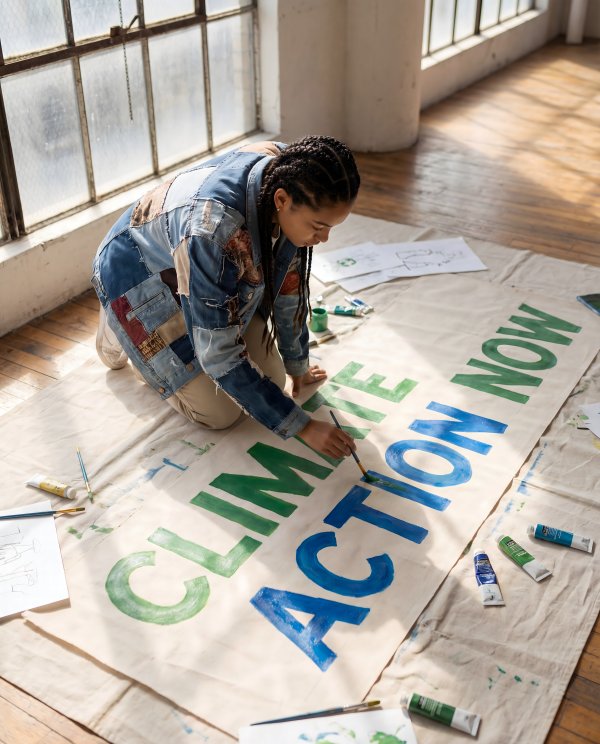 Person paints climate action message on banner inside studio - stock photo