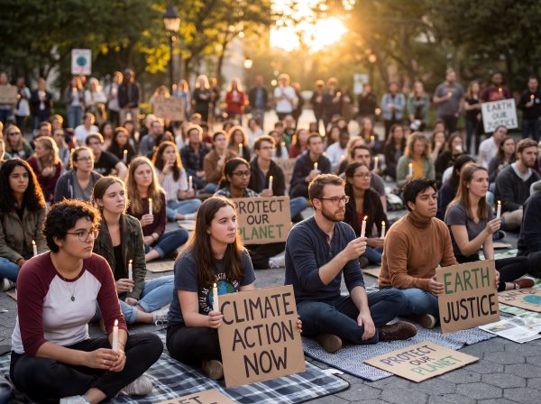 Climate activists gather at sunset to express their concerns - stock photo