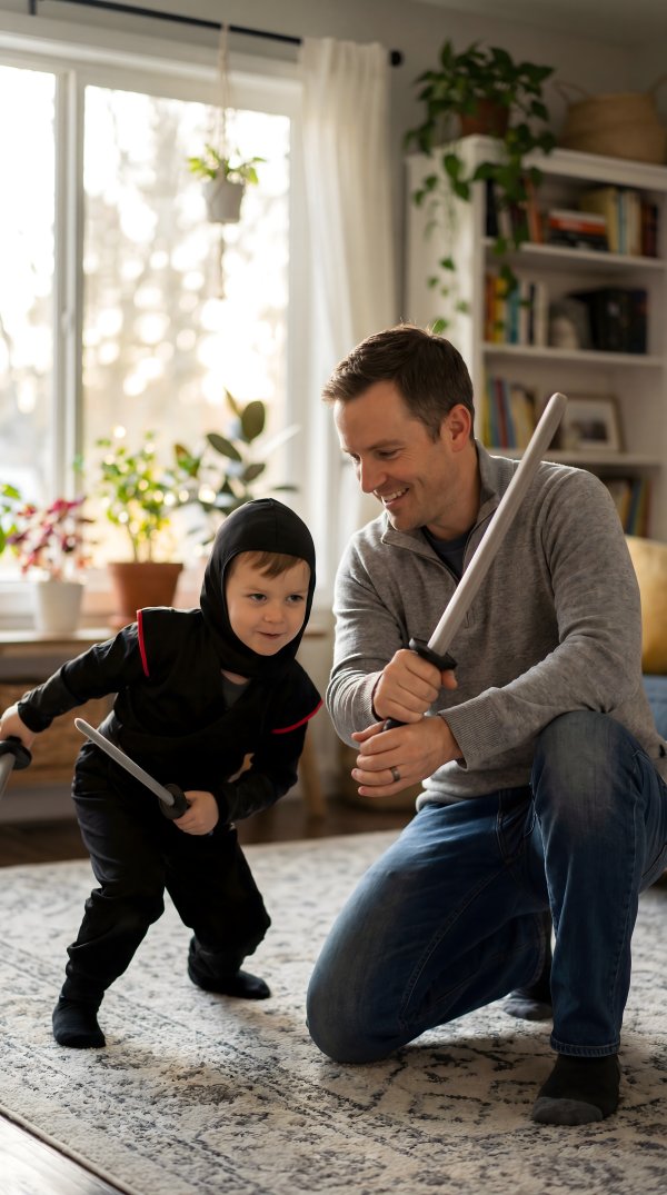 Father and son play ninja in living room on a sunny day - stock photo