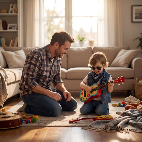 Father and child play music in a living room during day - stock photo